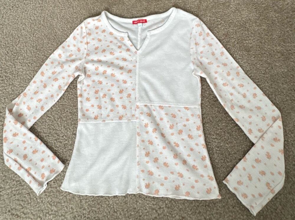 Liberty Valor Girls Medium 10/12 Thermal Top White Peach Floral Waffle Knit